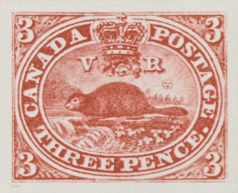 A reddish-brown postage stamp with a beaver at the centre surrounded by the text “Canada postage. Three pence” written in an oval. A crown with the initials “V.R.” is in the top centre and the numeral 3 is in all four corners.